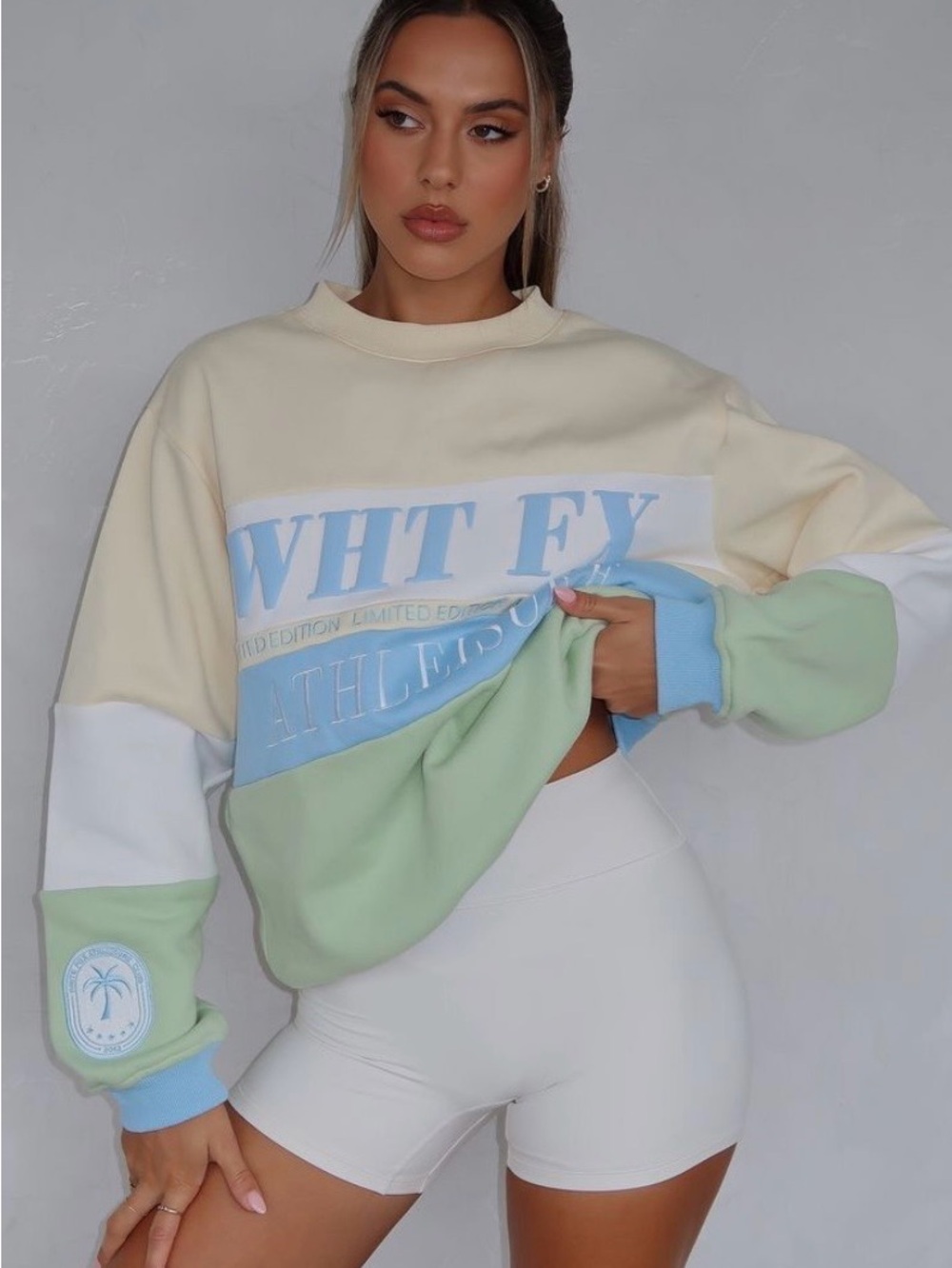 White Fox on the Grind Pastel Colorblock Cropped Sweatshirt - Cream/Blue/Green